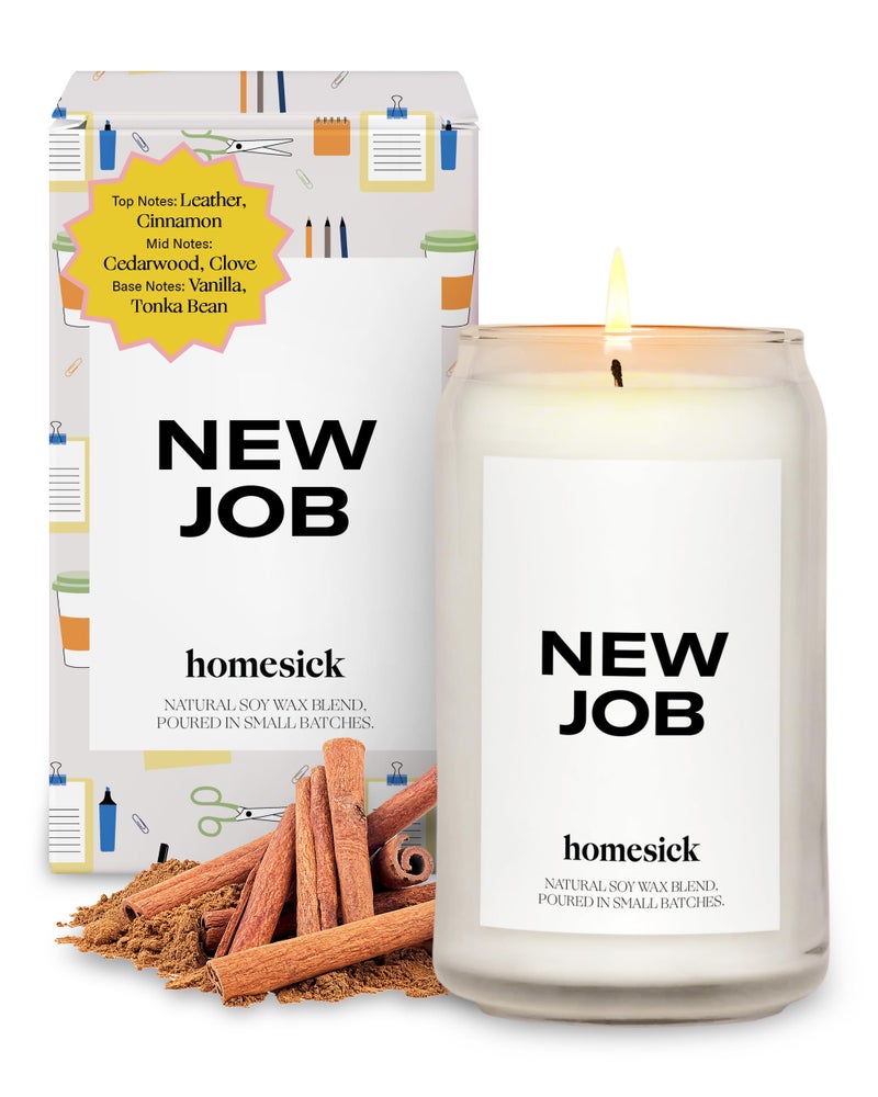 Homesick New Job Scented Candle - 13.75 oz Leather & Cinnamon Scented Natural Soy Wax Blend, Coworker Leaving Gifts for Friends, Goodbye, Going Away, New Beginnings & Congrats on New Job Candle Gift - Image 1